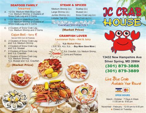 Jc crab - The JC Crab Menu: Lunch Menu Boiled Seafood Shrimp (Head On) Price details 3/4 Lb $10.00 Shrimp (No Head) 1 review 2 photos. Price details 3/4 Lb $12.00 Clams. 2 reviews. Price details 3/4 Lb ...